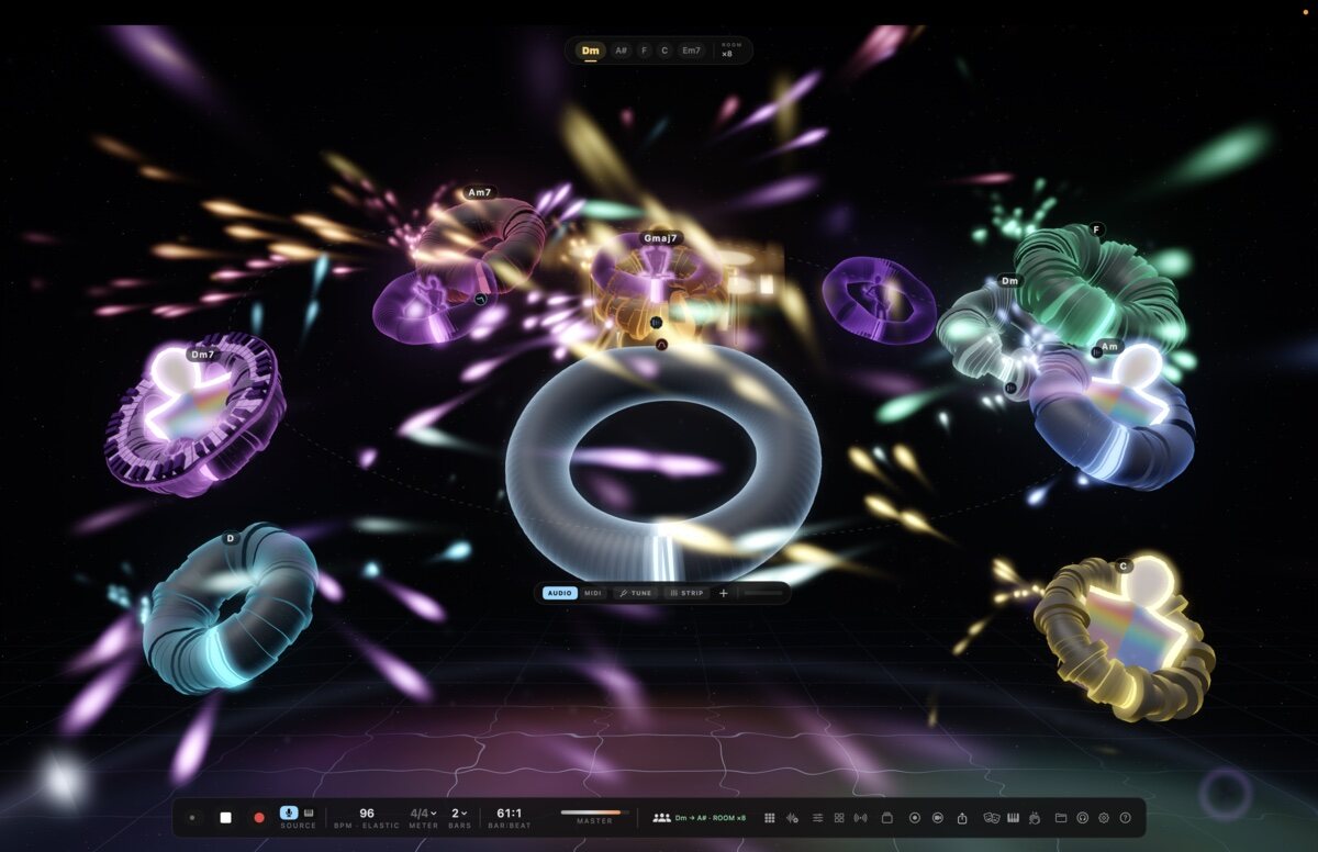 The JAMMER MAN stage: nine glowing rings hanging in a dark room, each holding a loop, with chord names above them.